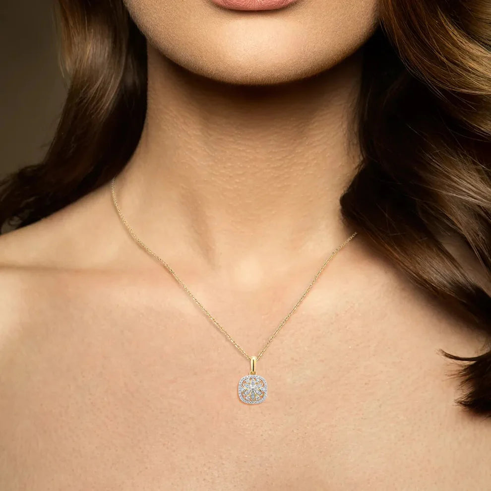 Flower Shaped Pendant Natural Diamonds 14K Yellow Gold